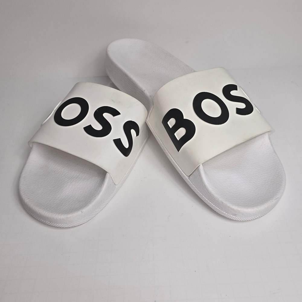 Hugo Boss Mens White Logo Slide Sandals Made in Italy Size 46 12.5 or 13 US
